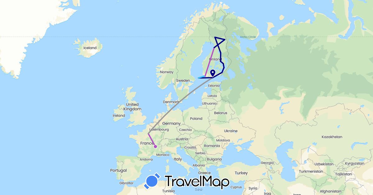 TravelMap itinerary: driving, plane, train, boat in Finland, France (Europe)